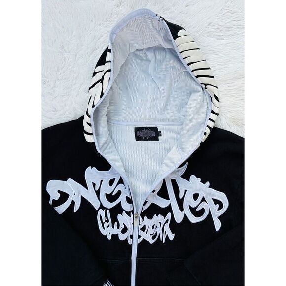 Y2K Black SZ S Irregular Pattern Gothic Punk Full Zip-Up Hoodie Jacket - Picture 10 of 15